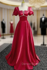 Burgundy Satin Square Puff Sleeve Beading Prom Dresses