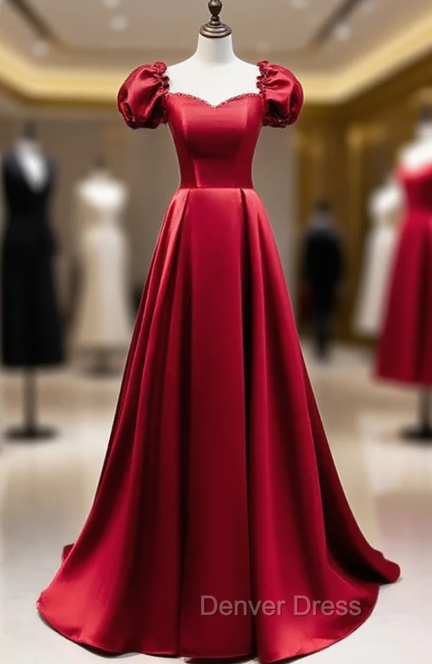 Burgundy Satin Square Puff Sleeve Beding Prom Dresses