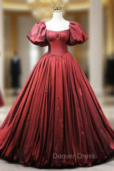 Burgundy Satin Square Puff Sleeve Pleats Prom Dresses