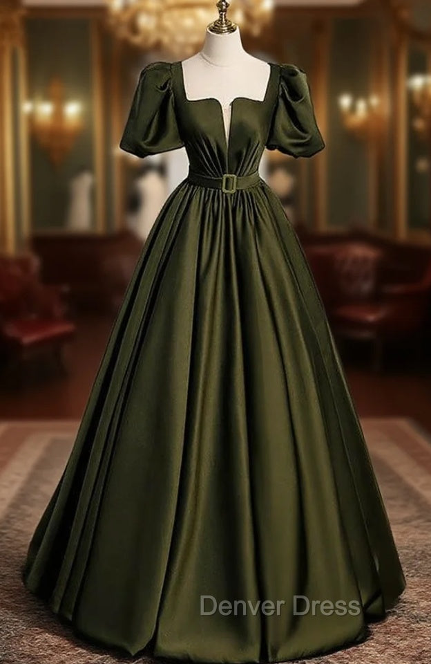 Burgundy Satin Square Puff Sleeve Pleats Prom Dresses