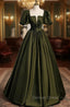 Burgundy Satin Square Puff Sleeve Pleats Prom Dresses