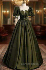 Burgundy Satin Square Puff Sleeve Pleats Prom Dresses