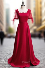 Burgundy Satin Square Short Sleeve Beading Prom Dresses