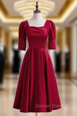 Burgundy Satin Square Short Sleeve Tea Length Prom Dresses
