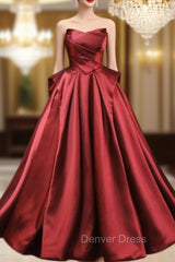 Burgundy Satin Srapless Pleats Prom Dresses