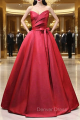 Burgundy Satin Strapless Pleats Prom Dresses With Belt