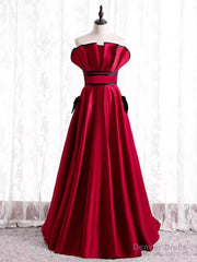 Burgundy Satin Strapless Pleats Prom Dress