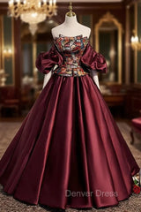 Burgundy Satin Strapless Prom Dresses