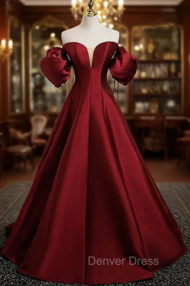 Burgundy Satin Strapless Puff Sleeve Prom Dresses