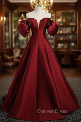 Burgundy Satin Strapless Puff Sleeve Prom Dresses