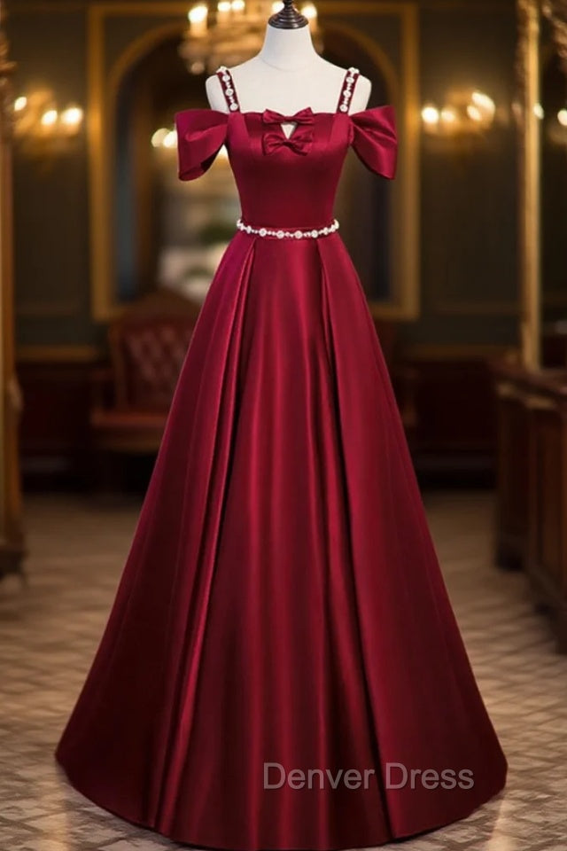 Burgundy Satin Straps Bow Prom Dresses