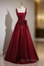 Burgundy Satin Straps Flower Prom Dresses