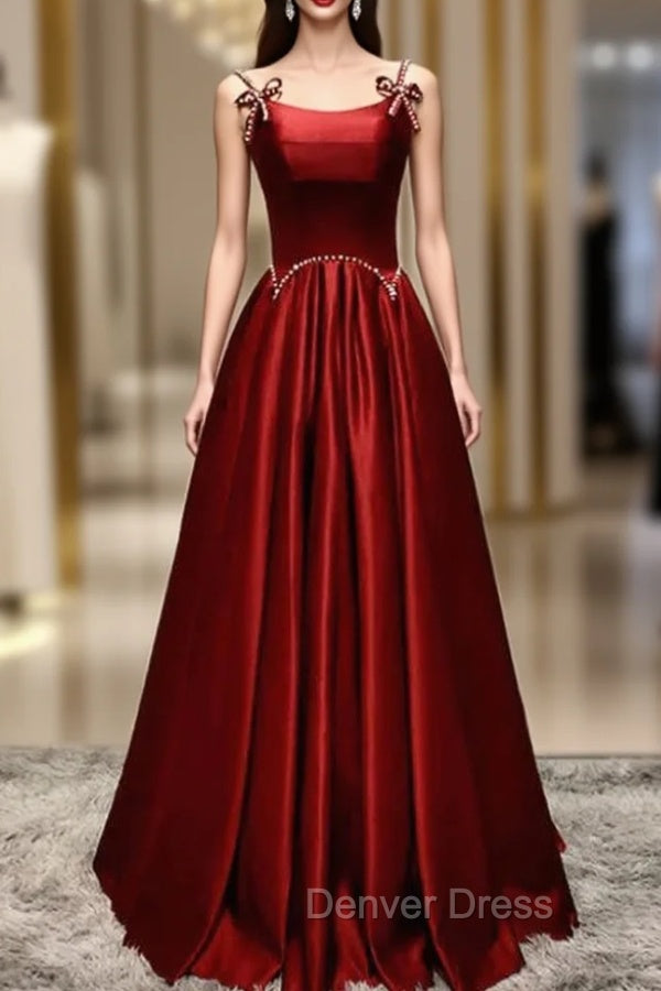 Burgundy Satin Straps Pearls Prom Dresses Main image