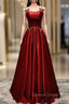 Burgundy Satin Straps Pearls Prom Dresses