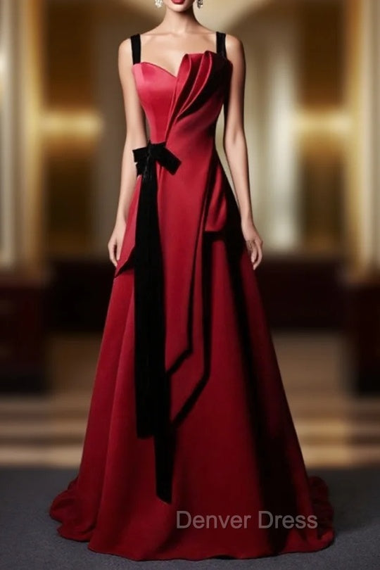 Burgundy Satin Straps Pleats Black Velvet Prom Dresses Main image