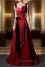 Burgundy Satin Straps Pleats Black Velvet Prom Dresses