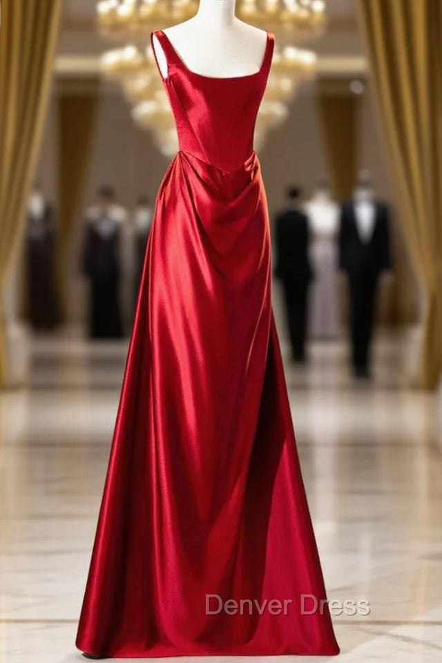 Burgundy Satin Straps Pleats Prom Dresses