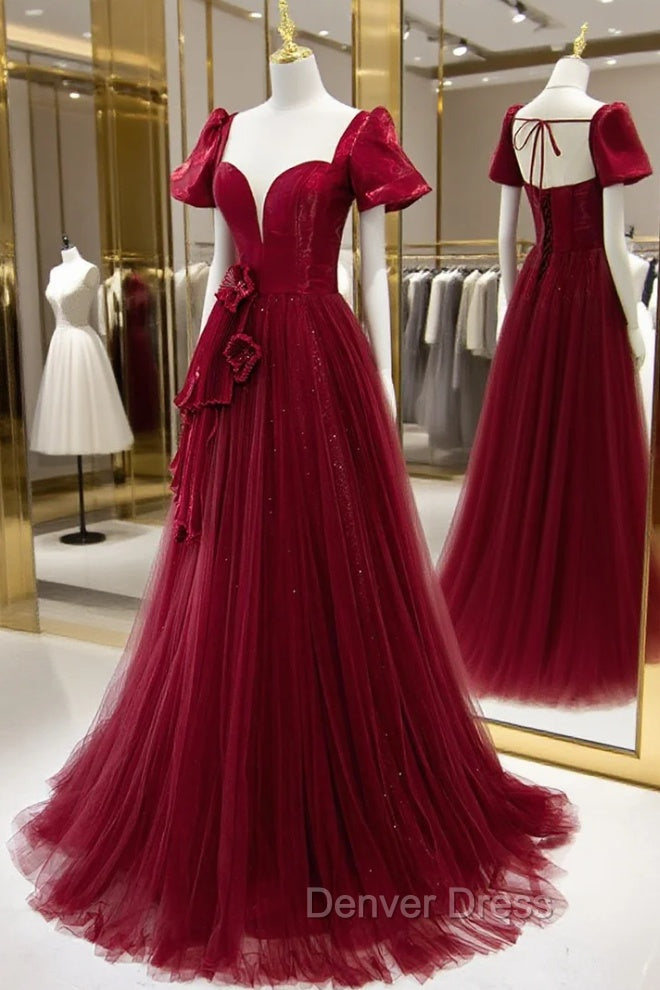 Burgundy Satin Tulle Long Prom Dresses, A-Line Short Sleeve Evening Party Dresses Secondary image