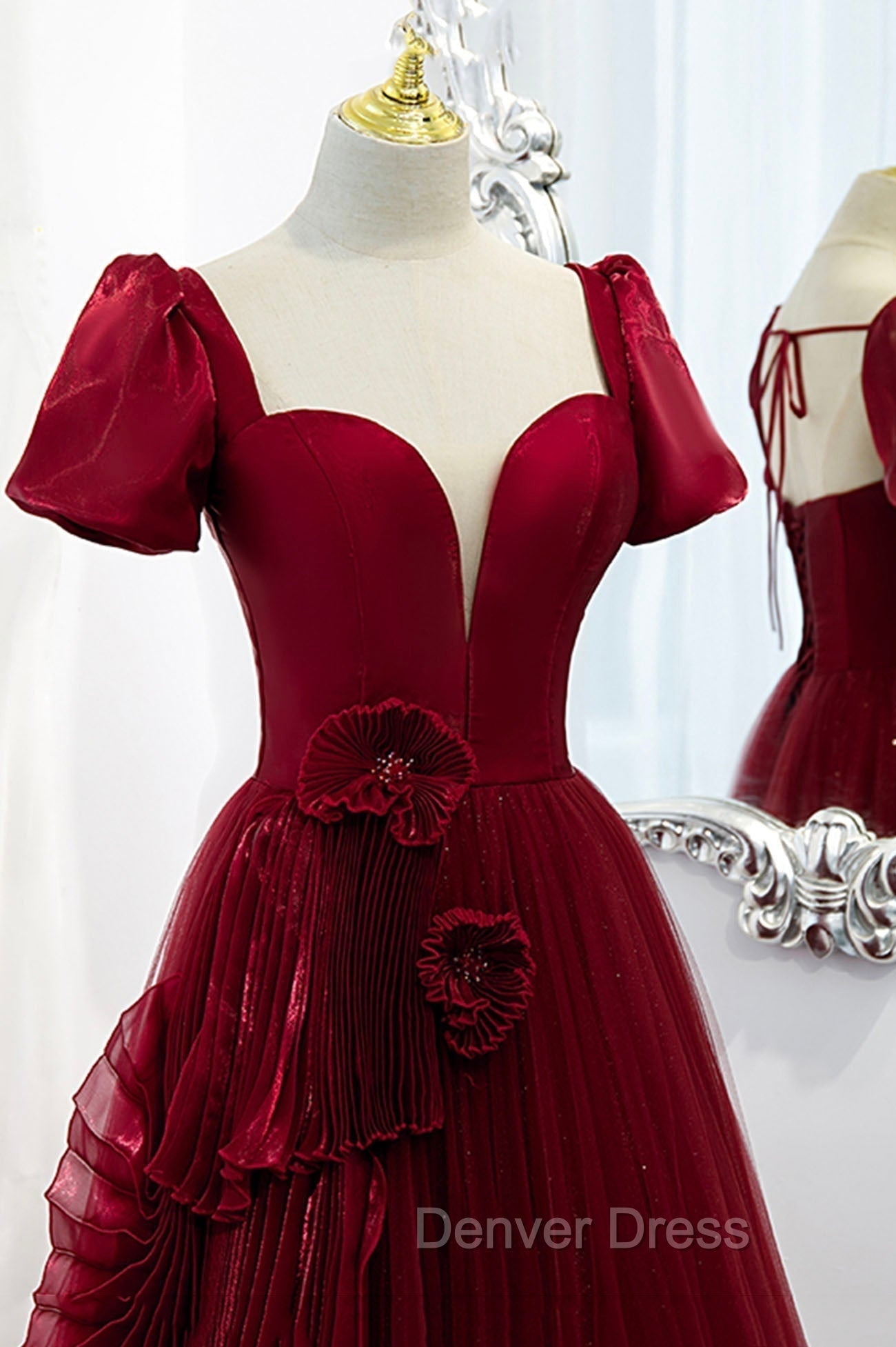Burgundy Satin Tulle Long Prom Dress, A Line Short Sleeve Prom Dresses