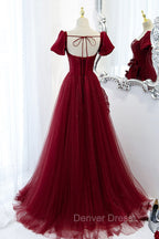Burgundy Satin Tulle Long Prom Dresses, A-Line Short Sleeve Evening Party Dresses