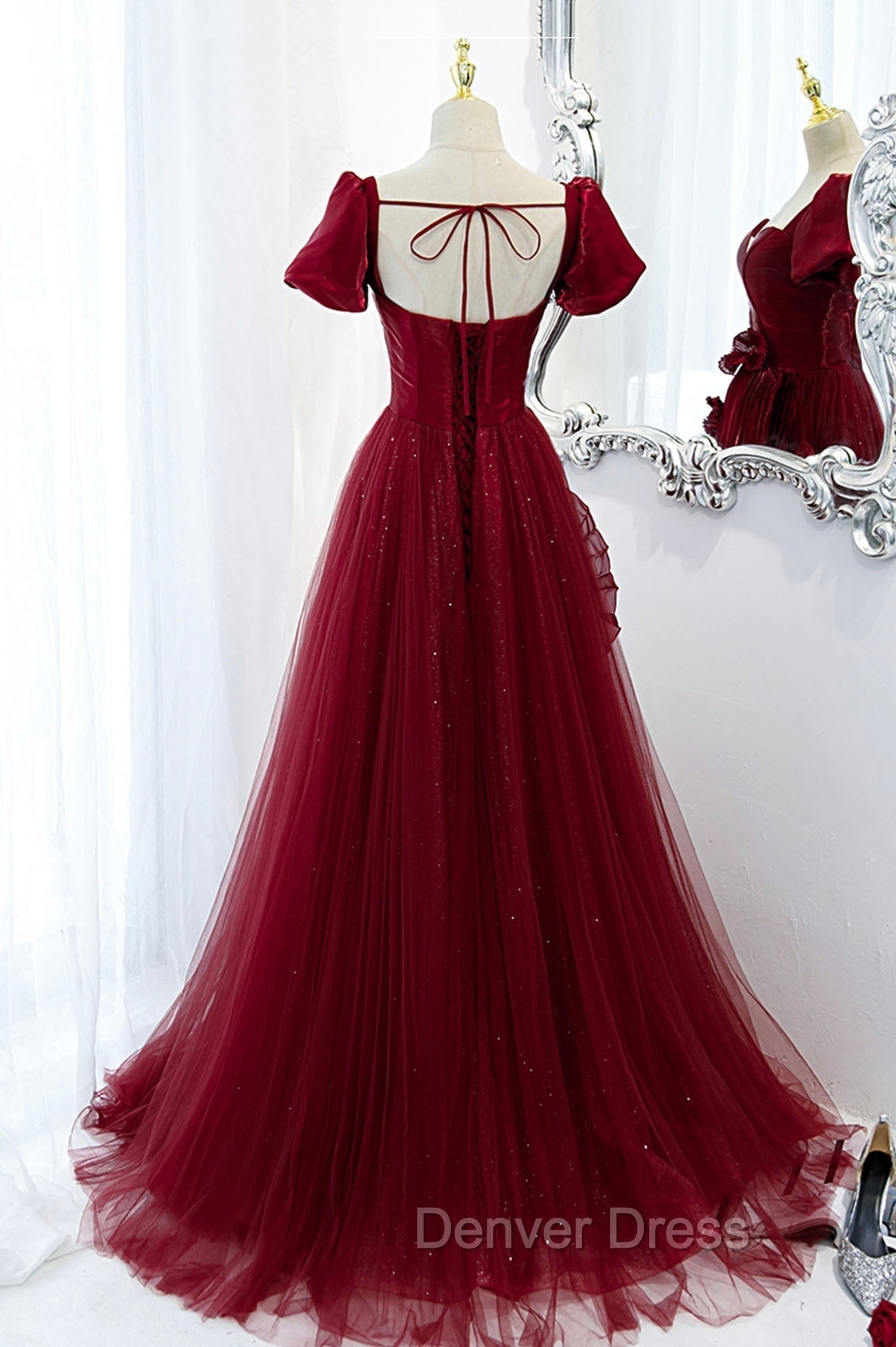 Burgundy Satin Tulle Long Prom Dresses, A-Line Short Sleeve Evening Party Dresses