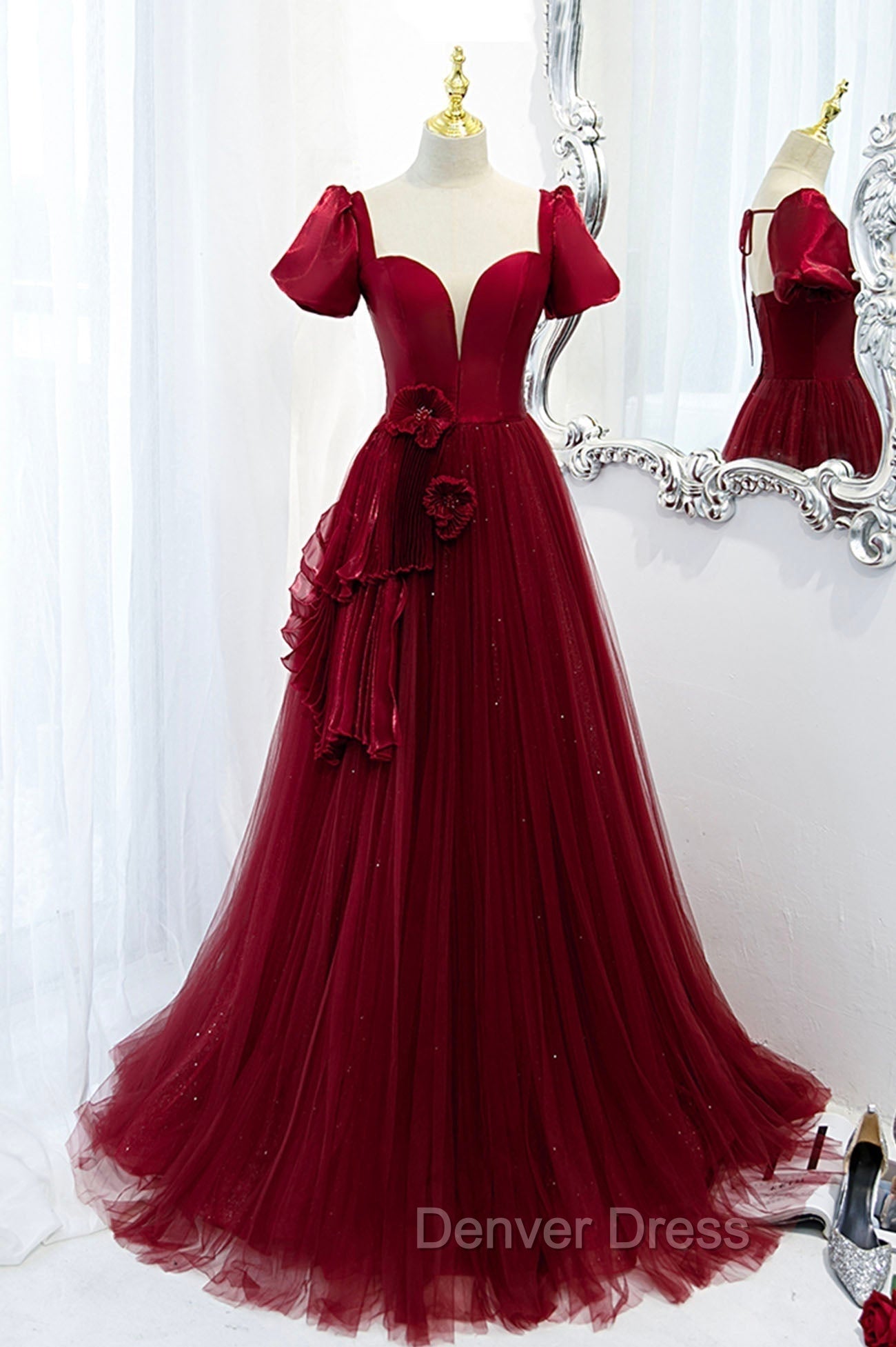 Burgundy Satin Tulle Long Prom Dresses, A-Line Short Sleeve Evening Party Dresses Main image