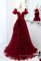 Burgundy Satin Tulle Long Prom Dresses, A-Line Short Sleeve Evening Party Dresses