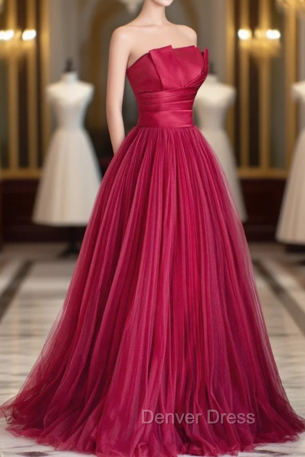 Burgundy Satin Tulle Long Prom Dress, A Line Strapless Prom Dresses