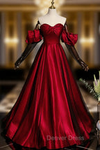 Burgundy Satin Tulle Long Prom Dresses Evening Dresses