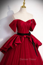 Burgundy Satin Tulle Long Prom Dress, Off Shoulder Prom Dresses