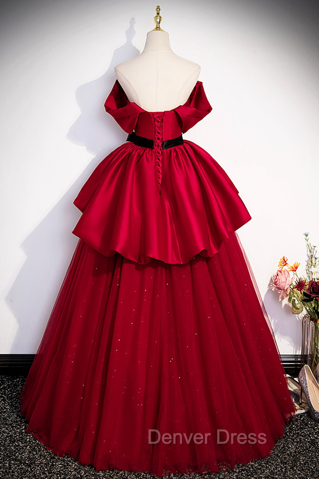 Burgundy Satin Tulle Long Prom Dress, Off Shoulder Prom Dresses