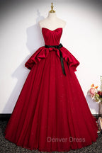 Burgundy Satin Tulle Long Prom Dress, Off Shoulder Prom Dresses