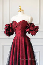 Burgundy Satin Tulle Long Prom Dress, Off Shoulder Prom Dresses