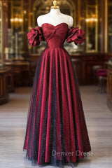Burgundy Satin Tulle Long Prom Dresses, Off Shoulder Evening Party Dresses