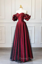 Burgundy Satin Tulle Long Prom Dress, Off Shoulder Prom Dresses