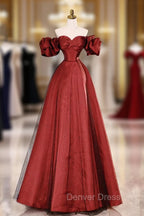 Burgundy Satin Tulle Long Prom Dresses, Off the Shoulder Evening Party Dresses