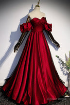 Burgundy Satin Tulle Long Prom Dress, Off the Shoulder Prom Dresses
