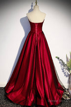 Burgundy Satin Tulle Long Prom Dress, Off the Shoulder Prom Dresses