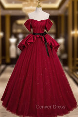 Burgundy Satin Tulle Off the Shoulder Prom Dresses