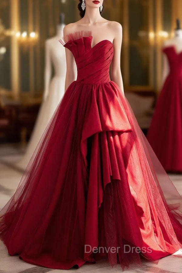 Burgundy Satin Tulle Strapless Pleats Prom Dresses