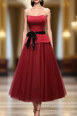 Burgundy Satin Tulle Strapless Prom Dresses