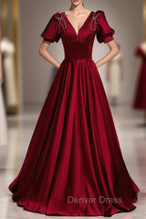 Burgundy Satin V-neck Beading Puff Sleeve prom Dresses