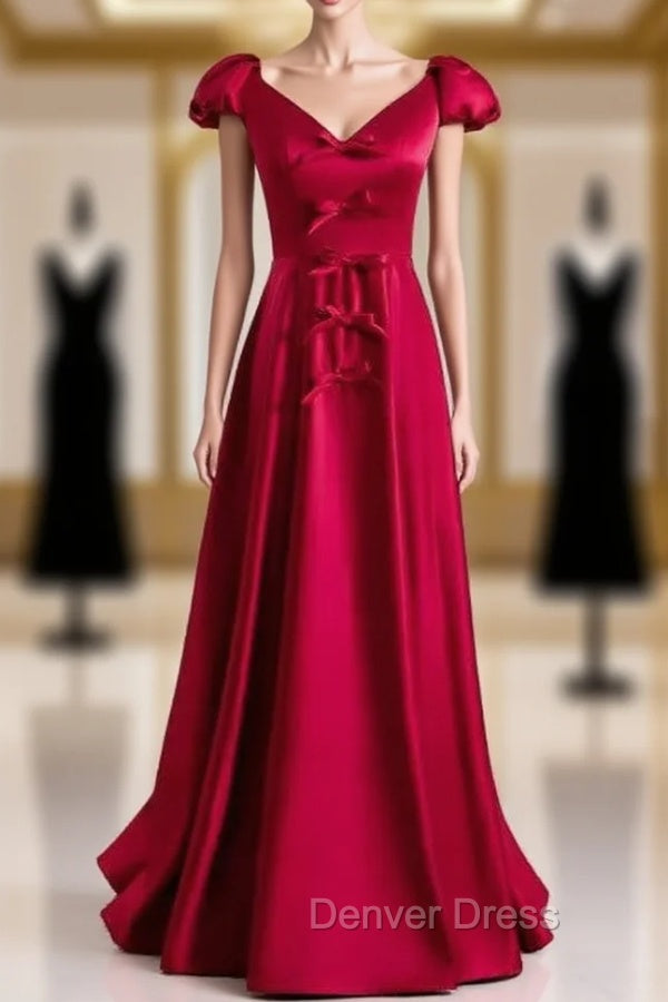Burgundy Satin V-neck Cap Sleeve Bow Prom Dresses