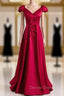 Burgundy Satin V-neck Cap Sleeve Bow Prom Dresses