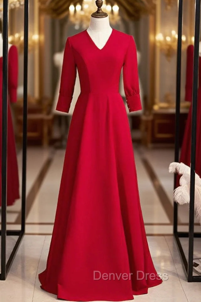 Burgundy Satin V Neck Half Sleeve Long Prom Dresses