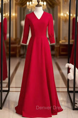 Burgundy Satin V-neck Half Sleeve Long Prom Dresses