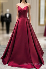 Burgundy Satin V Neck Long Dresses