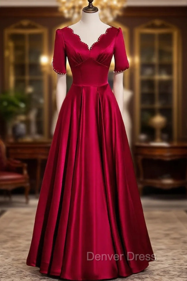 Burgundy Satin V Neck Pearls Prom Dresses
