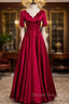 Burgundy Satin V Neck Pearls Prom Dresses