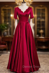 Burgundy Satin V-neck Pearls Prom Dresses